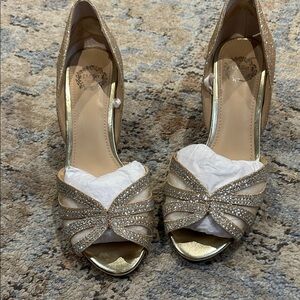 L. Miller Gold Rhinestone Peep-Toe Heels